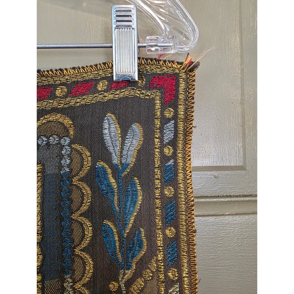 Vintage Woven Tapestry Floral Damask Table Runner Wall Hanging Gold Red Blue